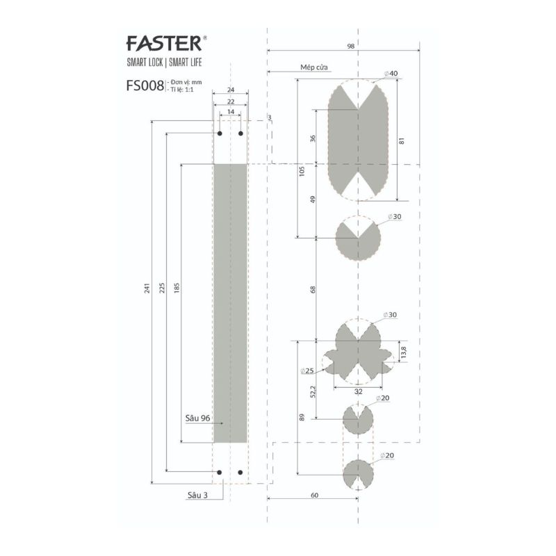 Kích thước khóa thông minh Faster FS008FD3D-SV Kích thước khóa thông minh Faster FS008FD3D-SV