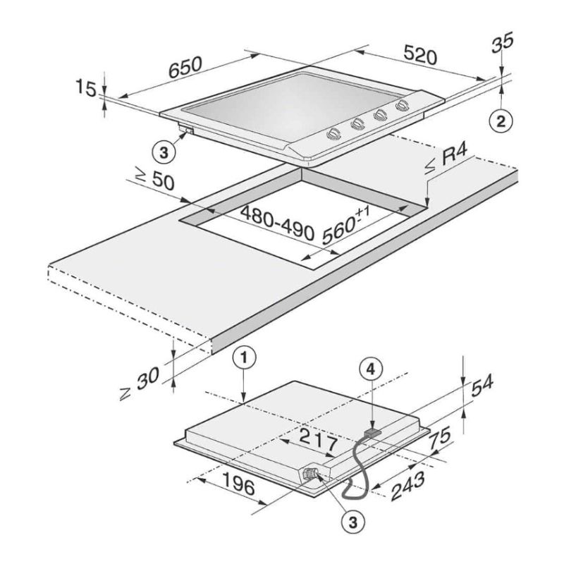 Kích thước bếp Gas Miele 4 vùng nấu KM 2010 G lắp âm Kích thước bếp Gas Miele 4 vùng nấu KM 2010 G lắp âm