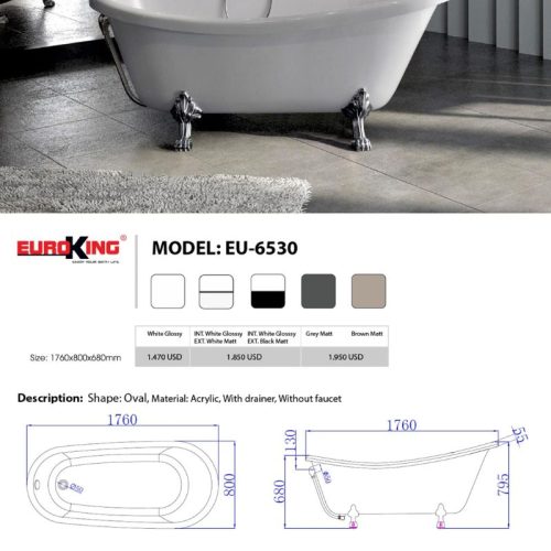 Bảng màu bồn tắm Lily EuroKing không massage EU-6530Nâu/Xám