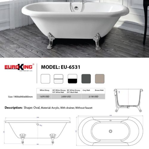 Bảng màu bồn tắm Tulip EuroKing không massage EU-6531Bóng/Nhám