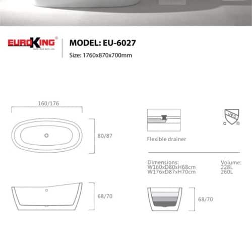 Kích thước bồn tắm EuroKing không massage EU-6027 Hoa văn
