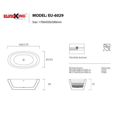 Kích thước bồn tắm EuroKing không massage EU-6029 White