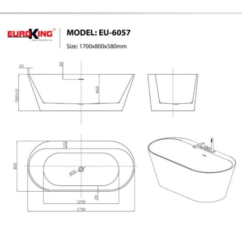 Kích thước bồn tắm EuroKing không massage EU-6057 White