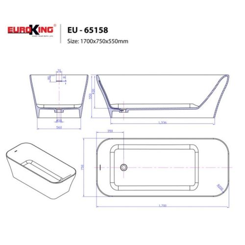Kích thước bồn tắm EuroKing không massage EU-65158 White