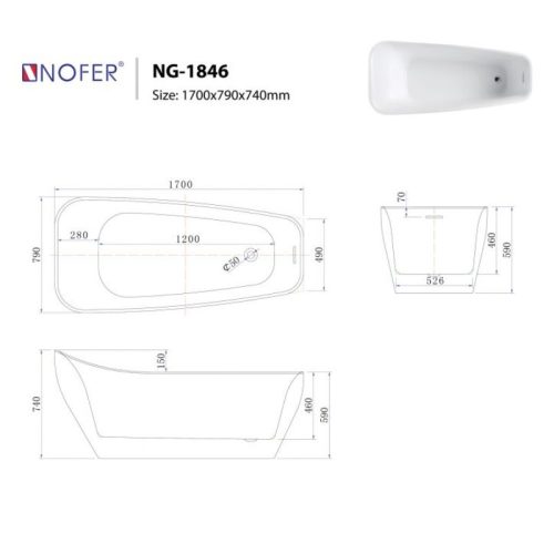 Kích thước bồn tắm EuroKing không massage NG-1846
