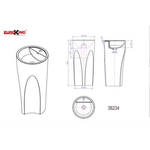 Chậu Lavabo đặt sàn Euroking EU-38234 2 Kích thước chậu Lavabo đặt sàn Euroking EU-38234