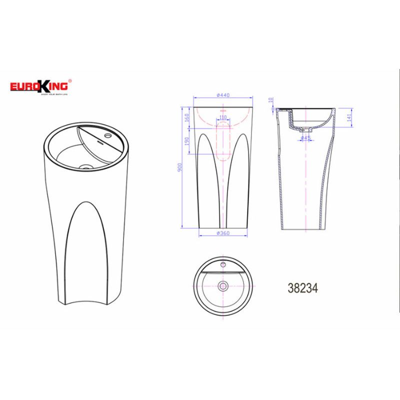 Kích thước chậu Lavabo đặt sàn Euroking EU-38234 Kích thước chậu Lavabo đặt sàn Euroking EU-38234