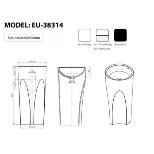 Chậu Lavabo đặt sàn Euroking EU-38314 3 Kích thước chậu Lavabo đặt sàn Euroking EU-38314