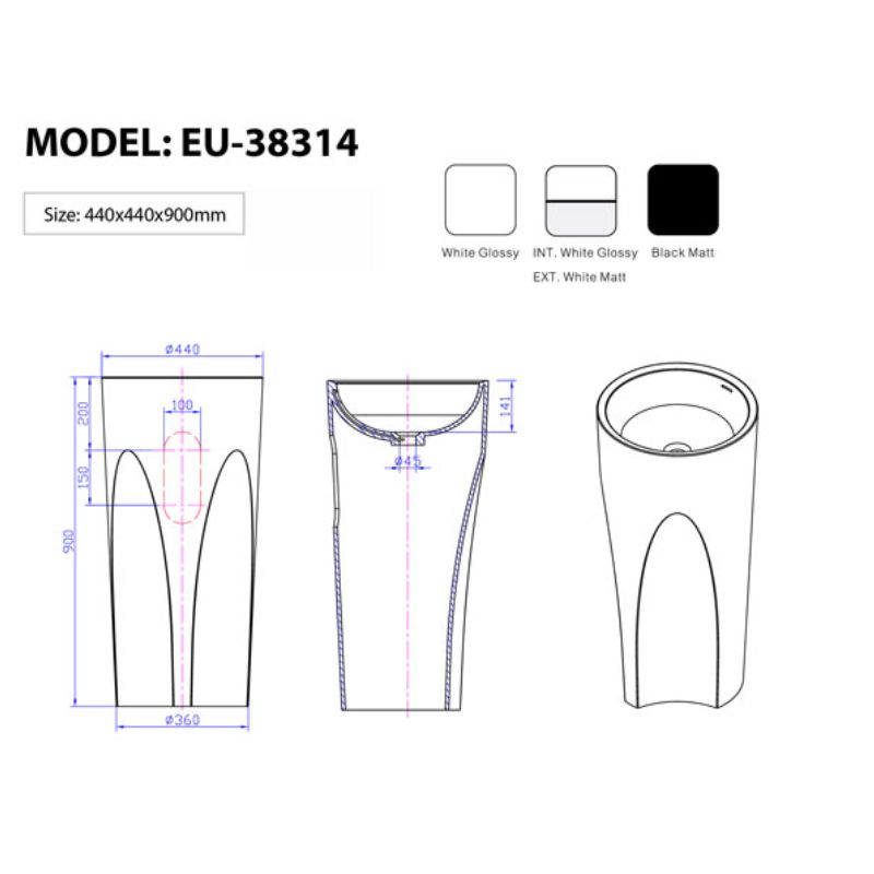 Kích thước chậu Lavabo đặt sàn Euroking EU-38314 Kích thước chậu Lavabo đặt sàn Euroking EU-38314