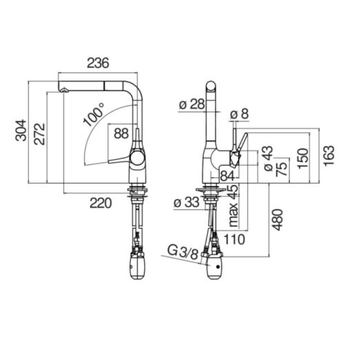 Kích thước vòi rửa bát Nobinox MANIA NB218A