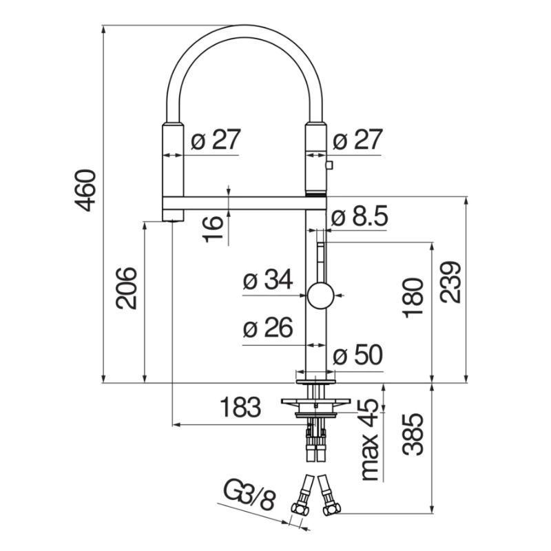 Kích thước vòi rửa bát Nobinox MOVE NB133S Kích thước vòi rửa bát Nobinox MOVE NB133S
