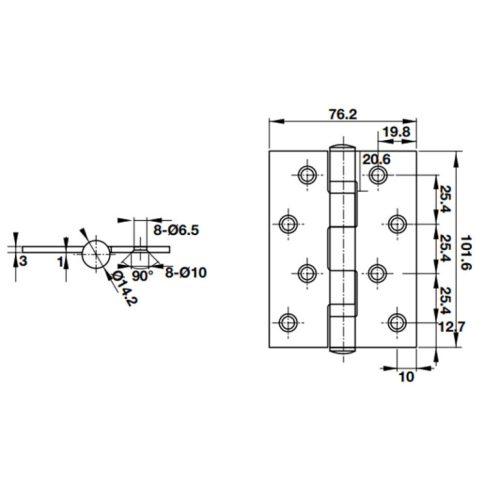 Kích thước của Bản lề lá 2 vòng bi 70Kg Hafele 926.20.063