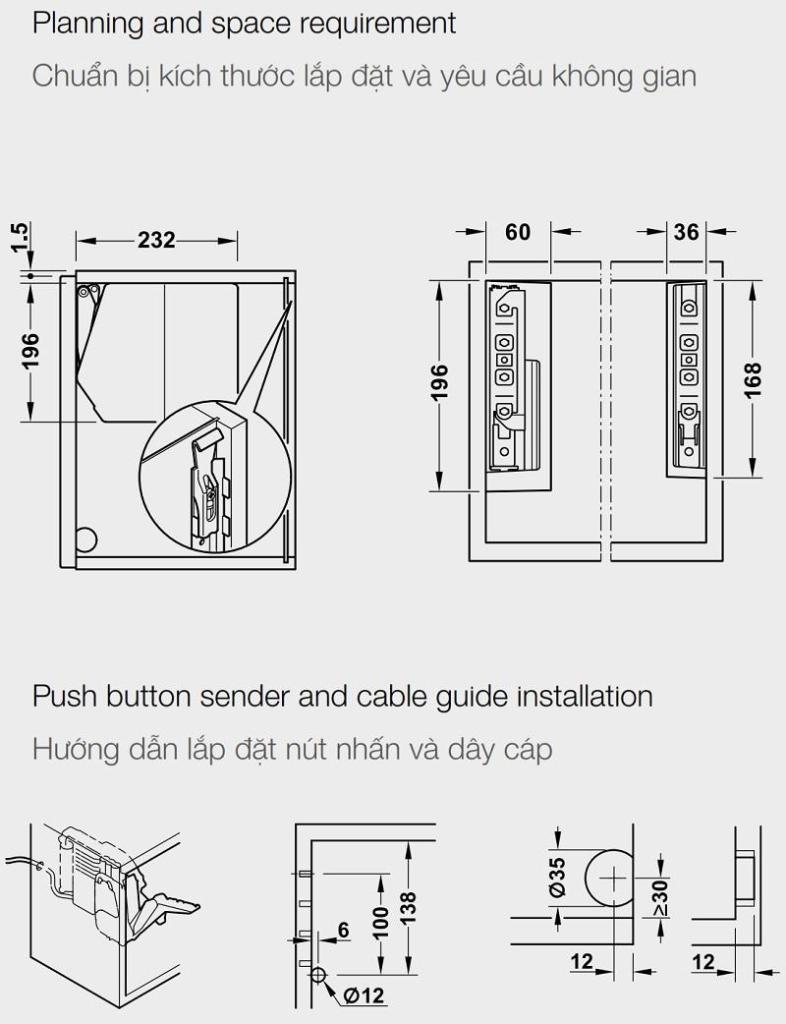 Bộ tay nâng Free Flap 1.7E Hafele 372.29.700 nắp trắng 4 Kích thước của Bộ tay nâng Free Flap 1.7E Hafele 372.29.700 nắp trắng