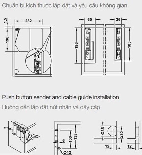 Bộ tay nâng Free Flap 3.15 E Hafele 372.29.703 nắp xám 4 Kích thước của Bộ tay nâng Free Flap 3.15 E Hafele 372.29.703 nắp xám