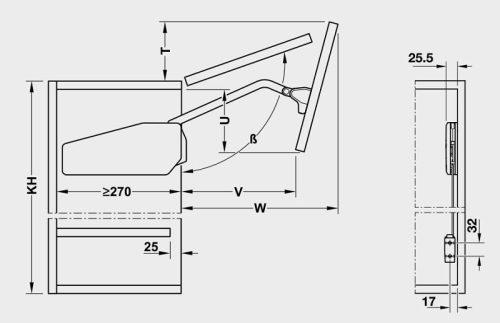 Bộ tay nâng Free Fold Short Hafele 493.05.733 5 Kích thước của Bộ tay nâng Free Fold Short Hafele 493.05.733