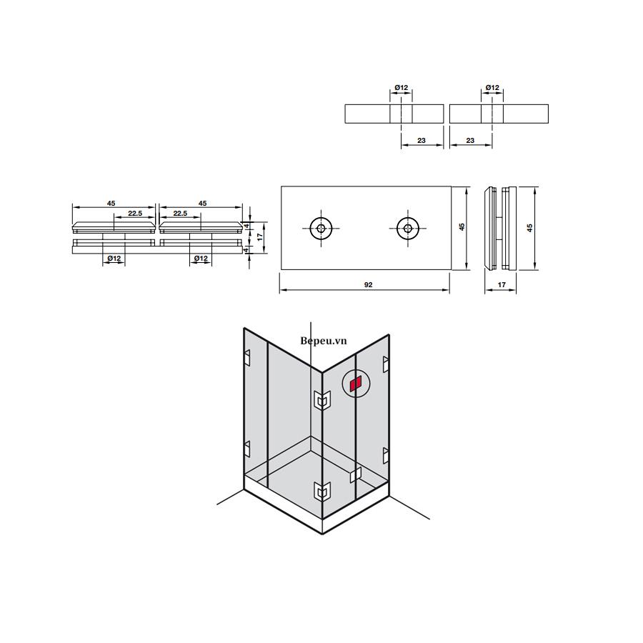 Kẹp kính - kính 180º màu đen Hafele 981.77.913 4 Kích thước của Kẹp kính - kính 180º màu đen Hafele 981.77.913