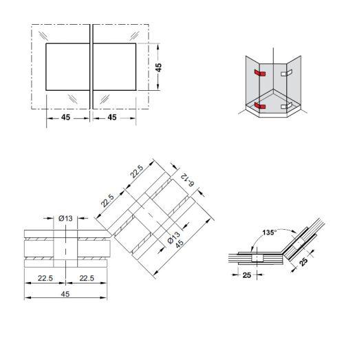 Kẹp kính - kính phòng tắm 135º Hafele 981.77.914 5 Kích thước của Kẹp kính - kính phòng tắm 135º Hafele 981.77.914