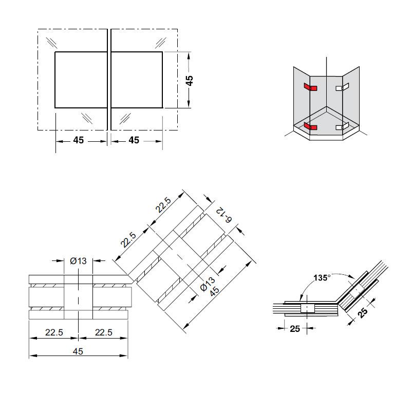 Kẹp kính - kính phòng tắm 135º Hafele 981.77.914 4 Kích thước của Kẹp kính - kính phòng tắm 135º Hafele 981.77.914