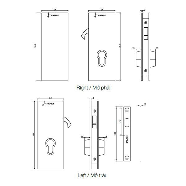 Khóa cửa kính thân khóa cửa trượt mở phải Hafele 981.59.050 4 Kích thước của Khóa cửa kính thân khóa cửa trượt mở phải Hafele 981.59.050