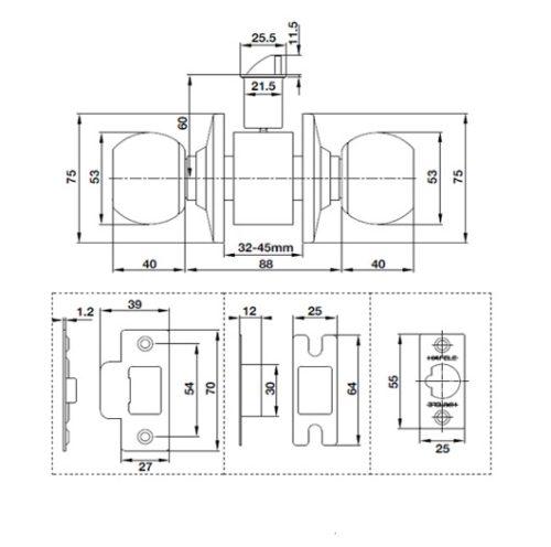 Khóa tay nắm tròn cửa đi Hafele 489.93.132 5 Kích thước của Khóa tay nắm tròn cửa đi Hafele 489.93.132