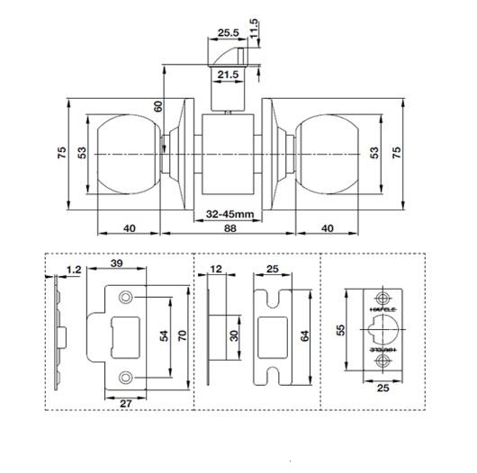 Khóa tay nắm tròn cửa đi Hafele 489.93.132 4 Kích thước của Khóa tay nắm tròn cửa đi Hafele 489.93.132