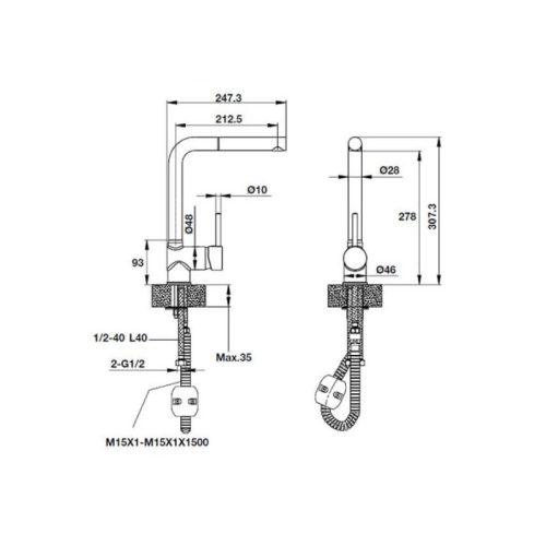 Vòi Rửa Chén Hafele HT19-GH1F270 570.51.380 5 Kích thước Vòi Rửa Chén Hafele HT19-GH1F270 570.51.380