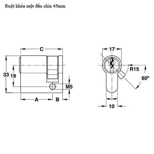 Ruột khóa 1 đầu chìa 45mm Hafele 916.63.363 5 Kích thước của Ruột khóa 1 đầu chìa 45mm Hafele 916.63.363