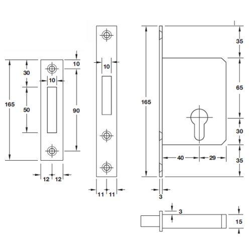Thân khóa cho cửa trượt Hafele 911.26.277 5 Kích thước của Thân khóa cho cửa trượt Hafele 911.26.277