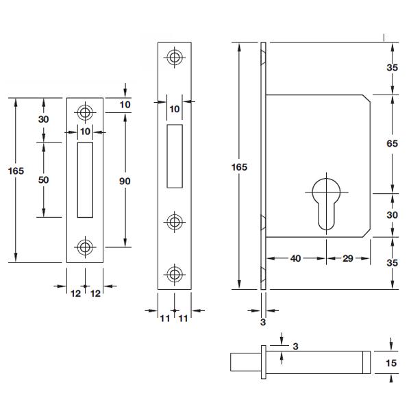 Thân khóa cho cửa trượt Hafele 911.26.277 4 Kích thước của Thân khóa cho cửa trượt Hafele 911.26.277