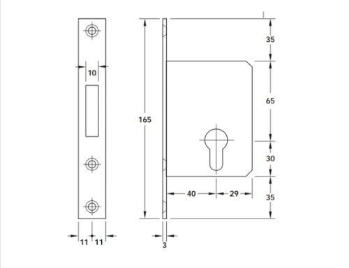 Kích thước của Thân khóa cho cửa trượt Hafele 911.27.261