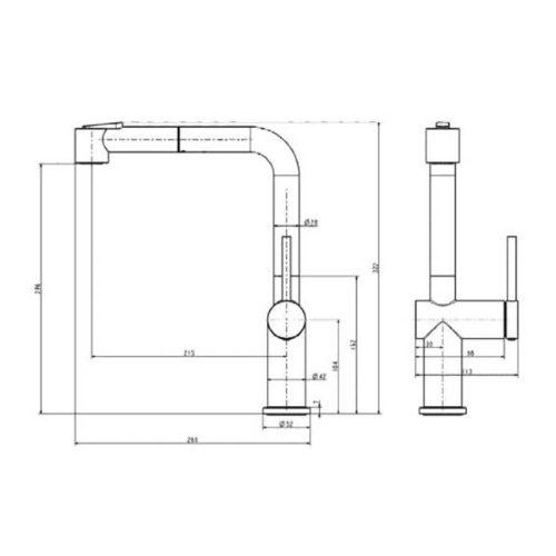 Kích thước vòi rửa bát nóng lạnh Paul Schmitt PA313K có dây rút