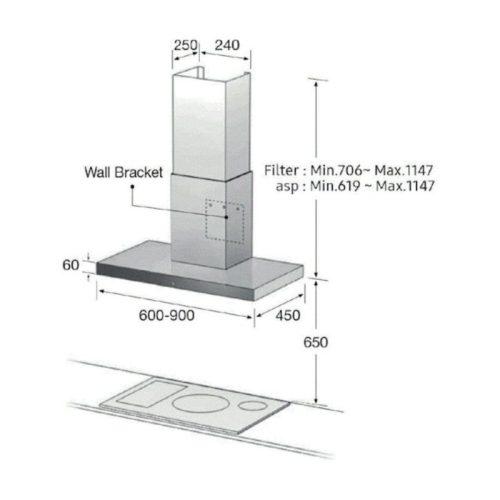 Kích thước máy hút mùi áp tường Samsung NK24M5070BS/UR