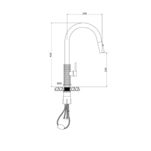 Kích thước vòi rửa bát nóng lạnh Konox Venice Gun Metal có dây rút