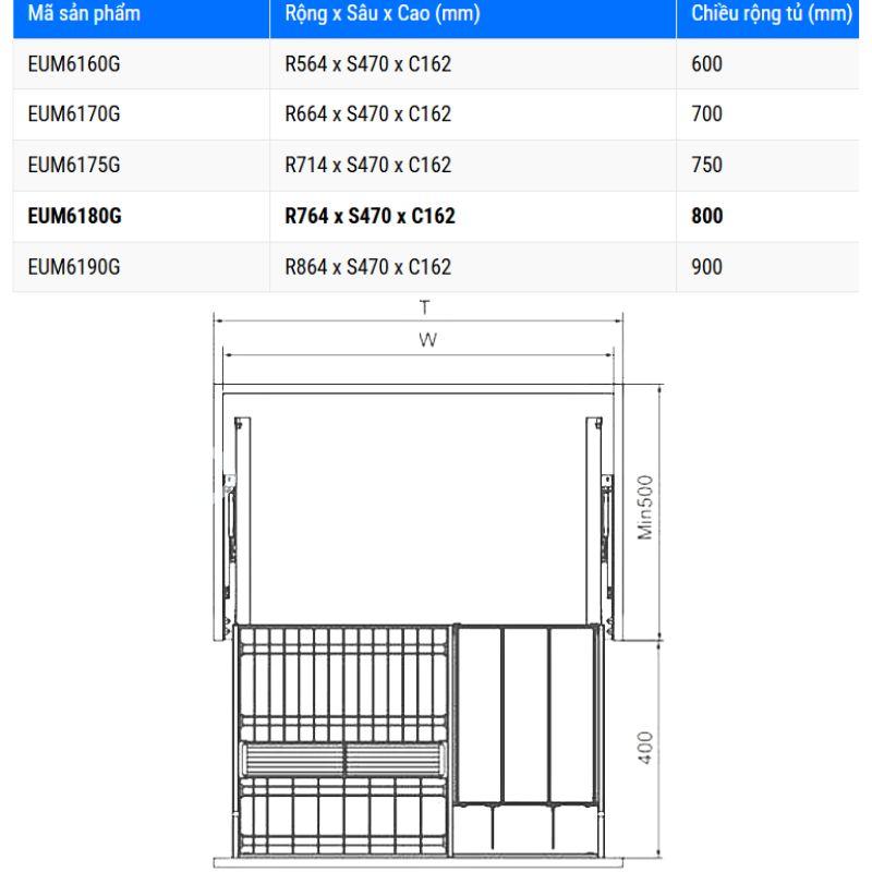 Giá bát đĩa Eurogold EUM6180G 4 Kích thước giá bát đĩa Eurogold EUM6180G