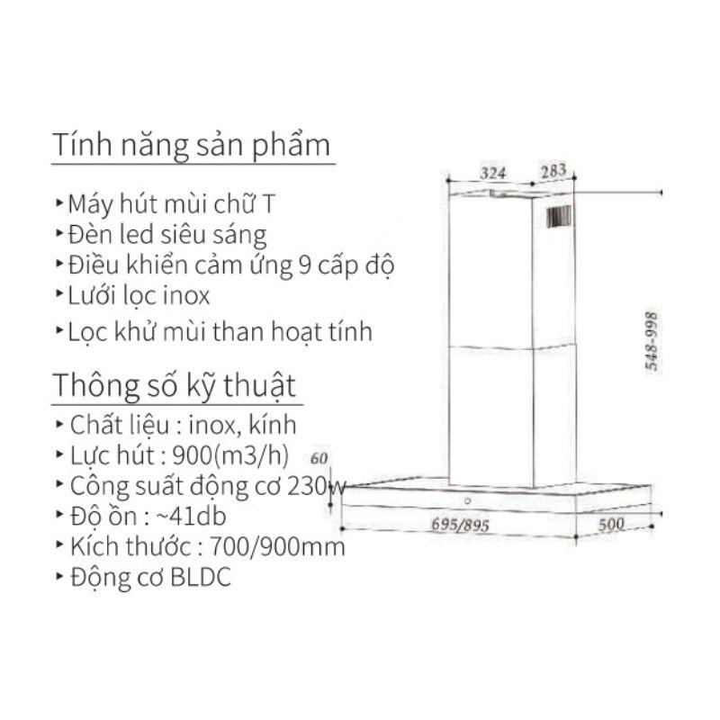 Máy hút mùi áp tường Eurogold EUH06170PRO 4 Kích thước máy hút mùi áp tường Eurogold EUH06170PRO