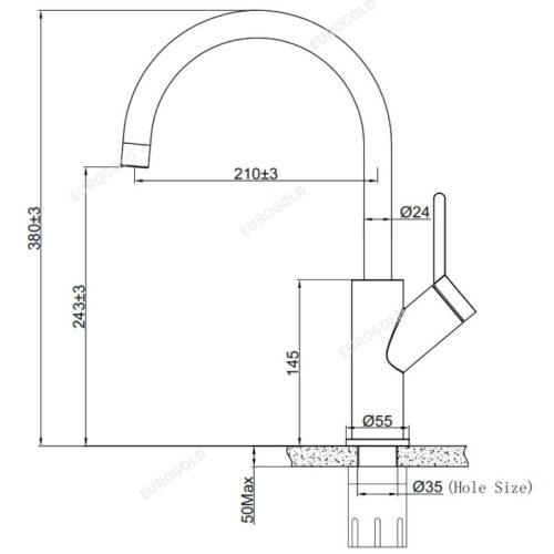 Kích thước vòi rửa bát nóng lạnh Eurogold EUF033D