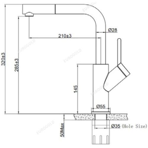 Kích thước vòi rửa bát nóng lạnh Eurogold EUF120BR
