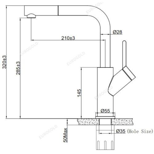 Kích thước vòi rửa bát nóng lạnh Eurogold EUF120DR có dây rút