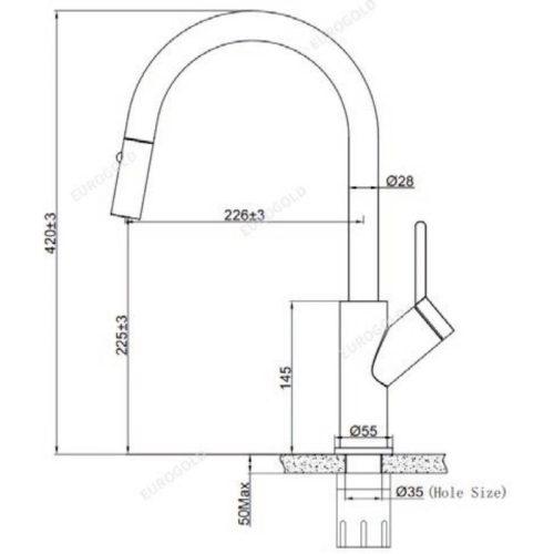 Kích thước vòi rửa bát nóng lạnh Eurogold EUF333DR có dây rút