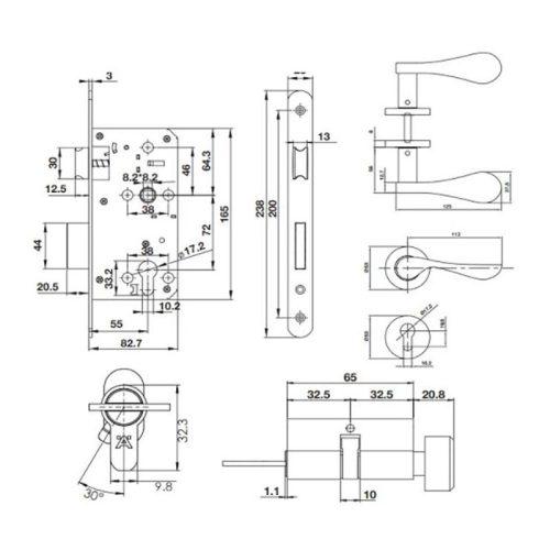Kích thước bộ khóa tay nắm nắp chụp Hafele 499.63.802