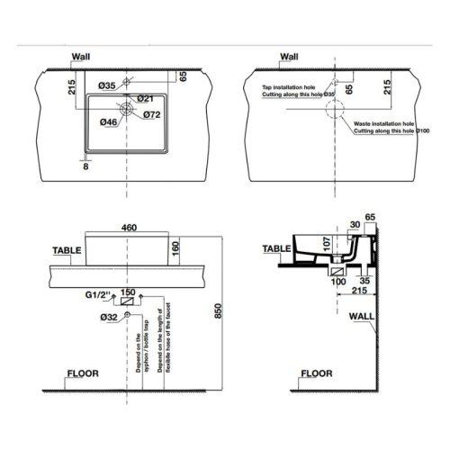 Kích thước chậu lavabo đặt bàn Sapporo 460 Hafele 588.79.002