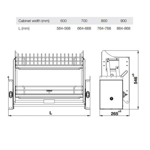 Kích thước giá bát nâng hạ Hafele Oria 504.71.073 600mm