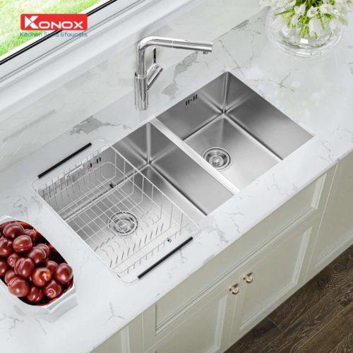 Ảnh thực tế chậu rửa bát inox 2 hố Konox Cube 8144DU