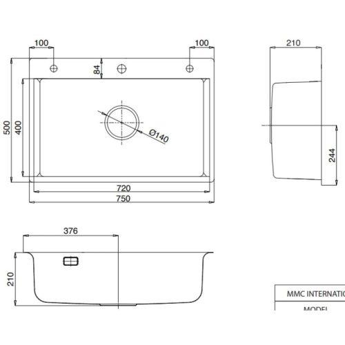 Chậu rửa bát 1 hố Kluger KF8121B-S75 9 Kích thước chậu rửa bát 1 hố Kluger KF8121B-S75