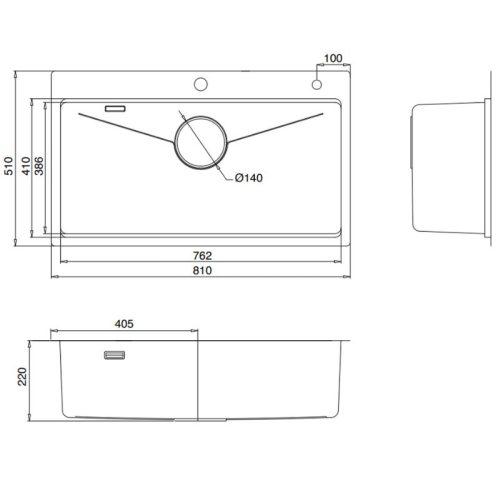 Kích thước chậu rửa bát 1 hố Kluger KW8181FS-S81 Plus