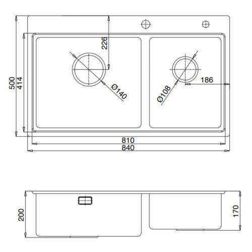 Kích thước chậu rửa bát 2 hố Kluger KW8211S-S84