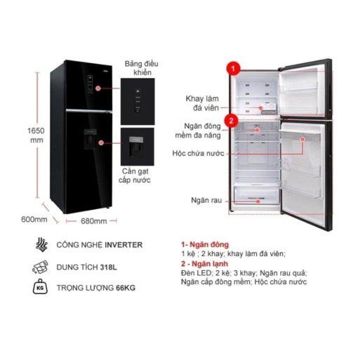 Tủ lạnh 2 cánh ngăn đá trên Inverter 318 lít Aqua AQR-T369FA(WGB) 7 kich thuoc tu lanh 2 canh ngan da tren inverter 318 lit aqua aqr t369fa wgb