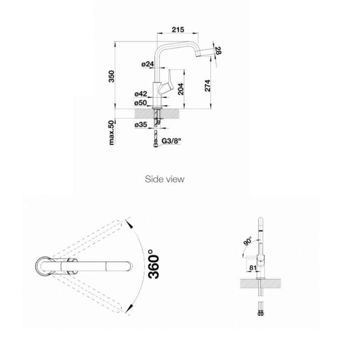Kích thước vòi rửa bát Blanco JURENA Chrome