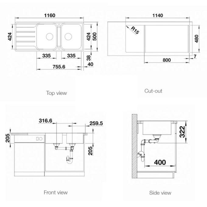 Kích thước chậu rửa bát Blanco LEMIS 8S-IF