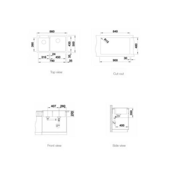Kích thước chậu rửa bát Blanco PLEON 9 Alu